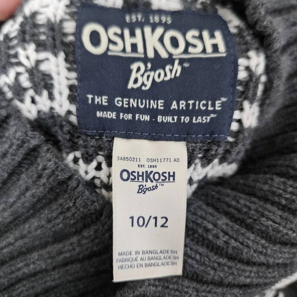 OshKosh B'gosh Sweater Kids 10/12 Gray Fair Isle Snowflake Shawl Collar Cotton